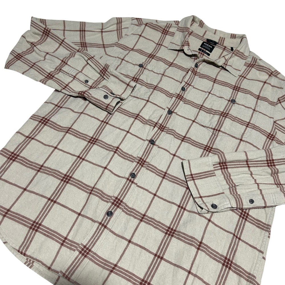 Prana Button Down Shirt Mens Large Cream Burgundy Plaid Slim Fit Long Sleeve